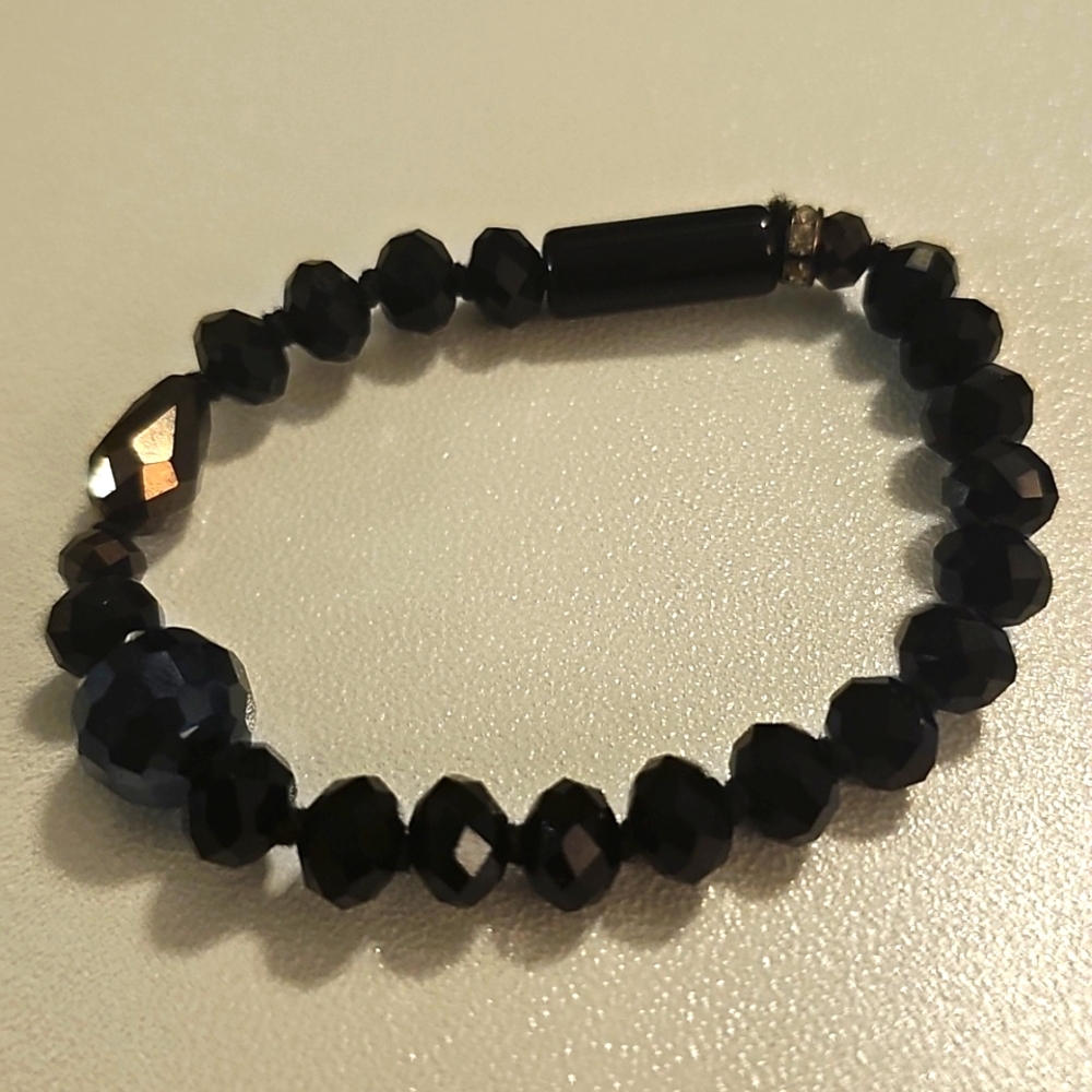 Black Obsidian & Smoky Quartz Strachy Beaded Bracelet. - Picture 3 of 4